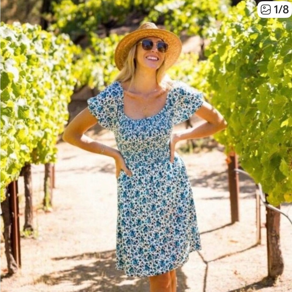 Kenny Flowers Sonoma Blue and White Floral Off-Shoulder Mini Dress